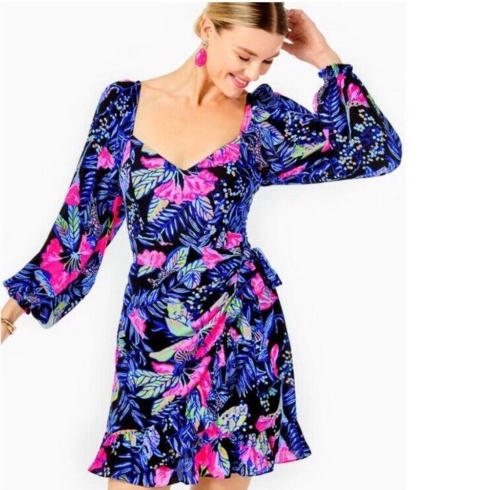 NWT Lilly Pulitzer Lila Dress Long Sleeve Ruffle Zip Onyx Earned Stripes Sz 0